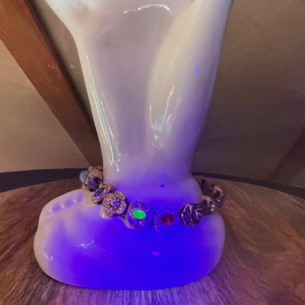 SOLD! Victorian Revival Gold Tone Slide Charm Bracelet with Uranium Glass - Picture 3 of 8